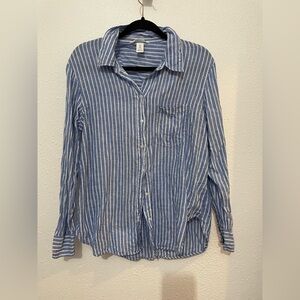 H & M Linen Blue and White Striped Long Sleeve Button Down collared Blouse